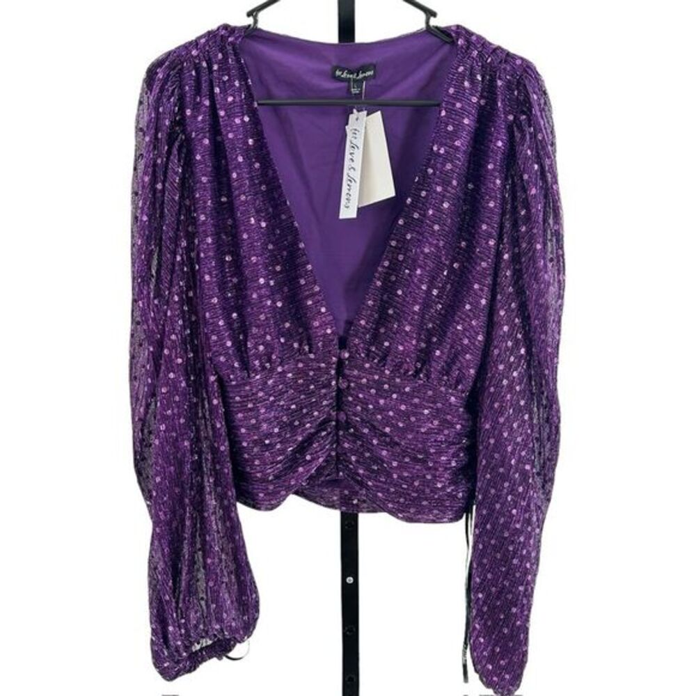 For Love & Lemons Womens L Purple La Vilette Metallic Puff Sleeve Top Plunge New - Picture 2 of 10